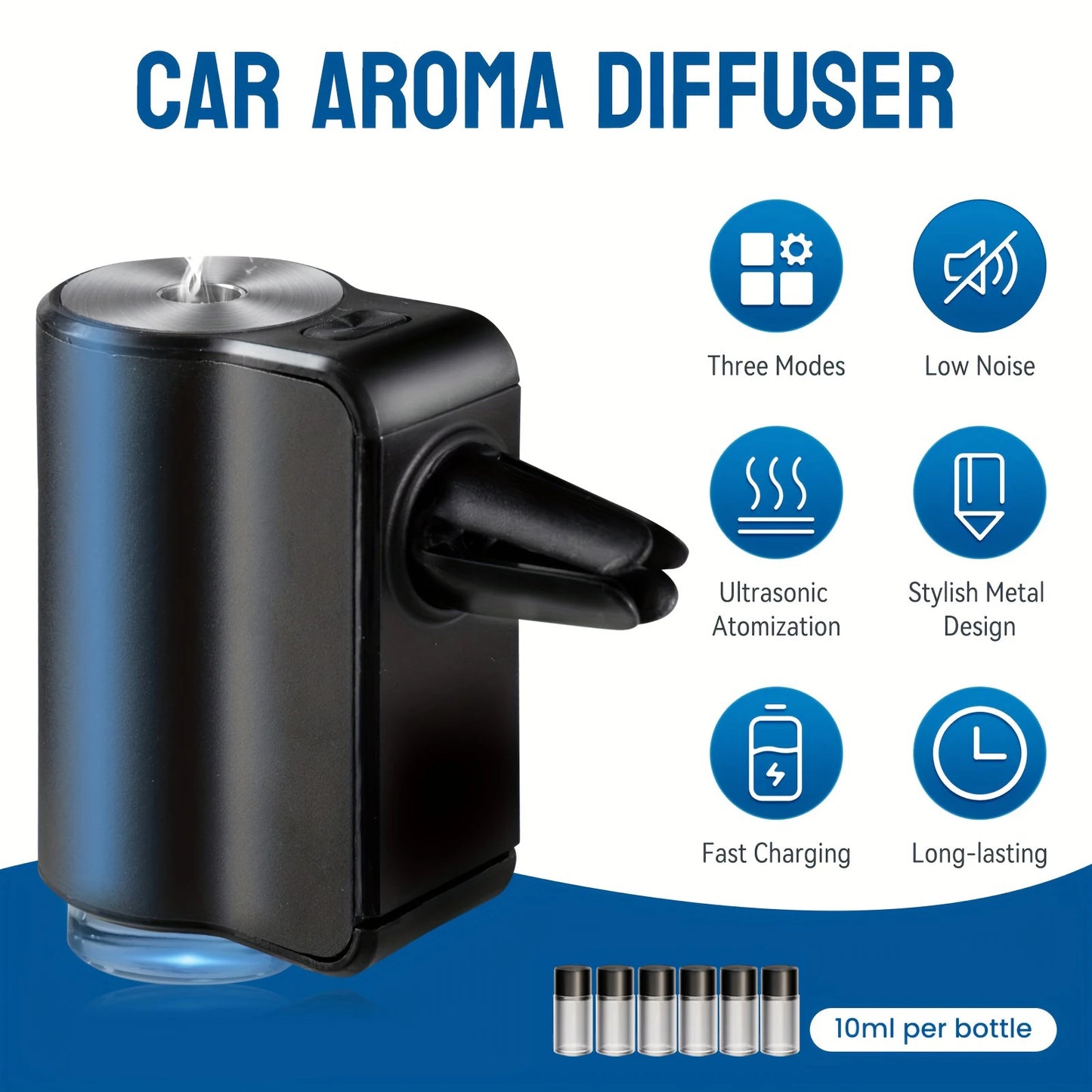 Portable aroma diffuser fits car vents. Plug-in and enjoy essential oil fragrance. Fits most vehicles. Product: Car Air Fresh