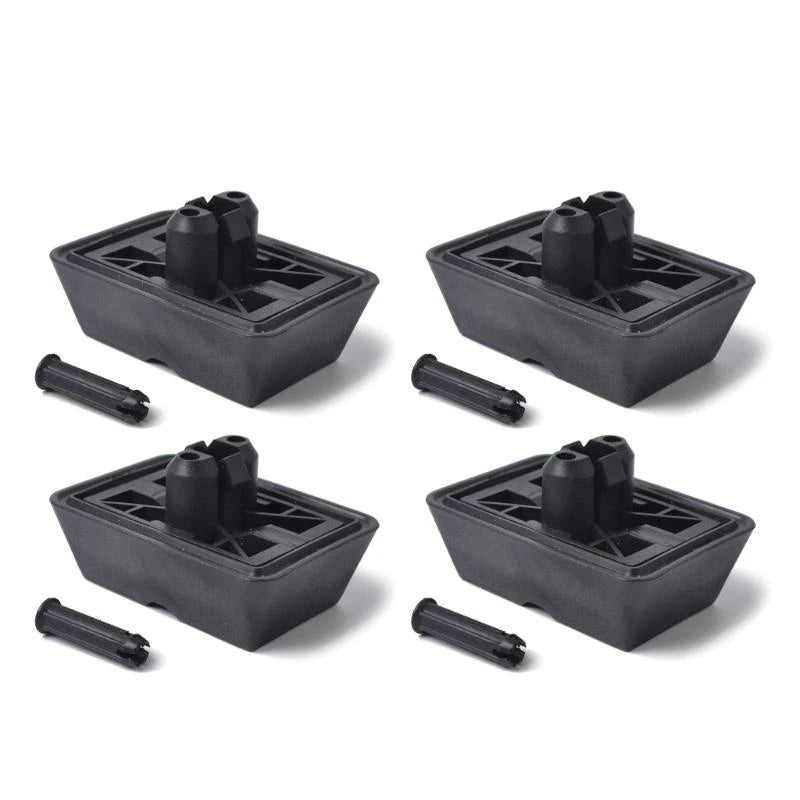 Four black plastic connectors for BMW E46 Jack Pad Cushion Plugs, facilitating secure electrical power connection.