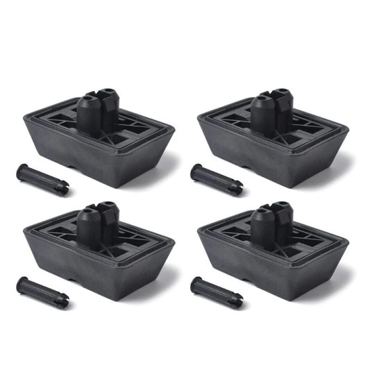 Four black plastic connectors for BMW E46 Jack Pad Cushion Plugs, facilitating secure electrical power connection.