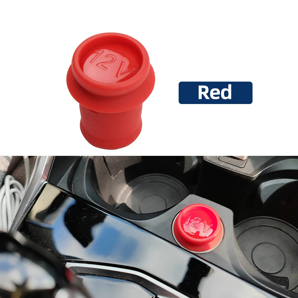 Red and black universal motorcycle lighter dust plug.

OR

Universal motorcycle cigarette lighter dust plug in red and black.