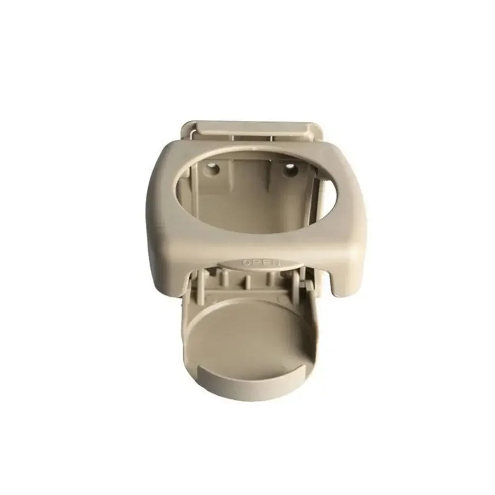 Beige folding mount fits car door handles. Holds coffee cup and ashtray. Folding bottle design. Car essential.