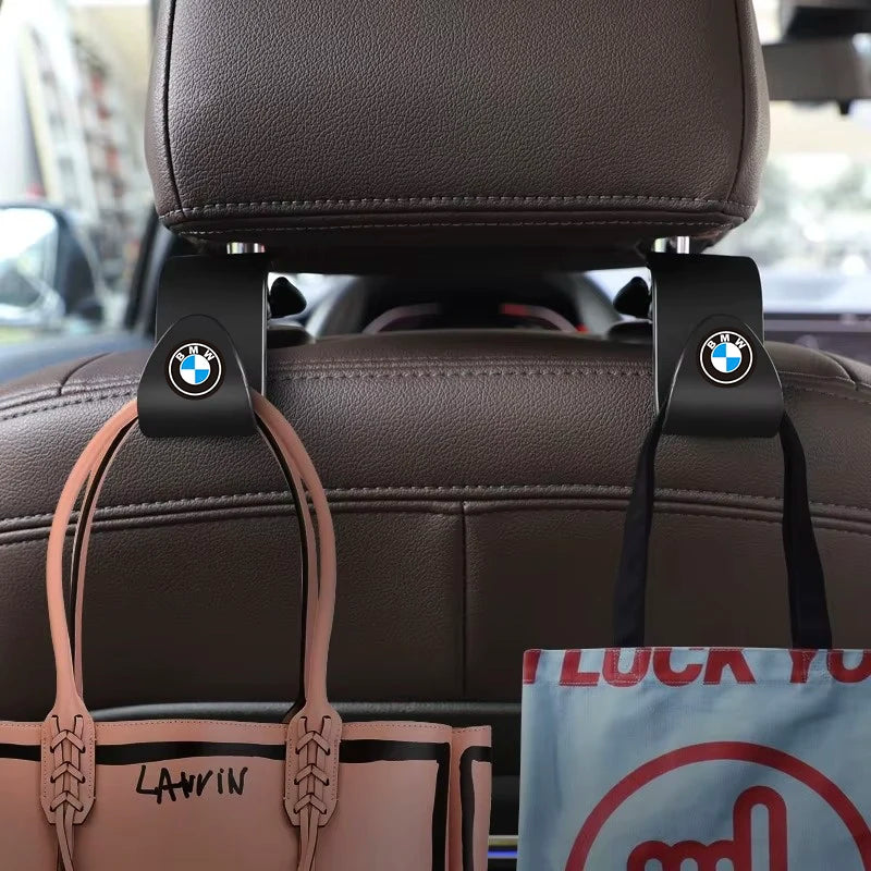 BMW car seat back hooks with genuine leather cover for organized storage.