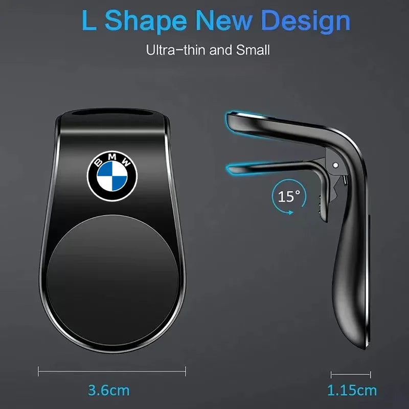 Magnetic BMW-branded phone holder for E36, E46, and E39 models. Phone display features visible BMW logo.