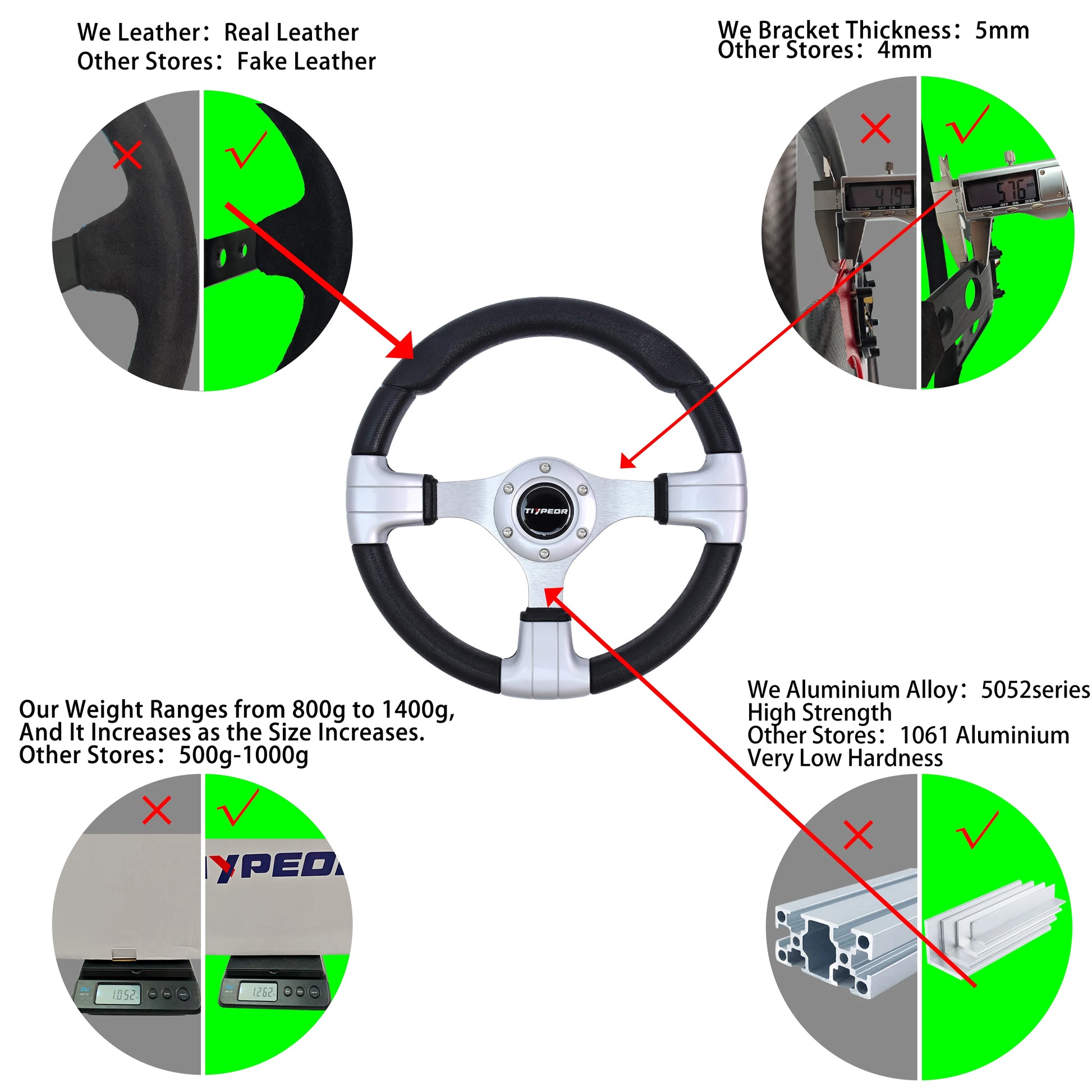 TIYPEOR 320mm PU steering wheel - features leather-wrapped rim, aluminum spokes, and push/pull knob. Premium racing car acces
