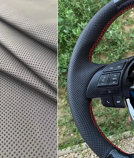 Red-stitched DIY steering wheel cover for BMW E36, E46, and E39 models. Soft leather material.