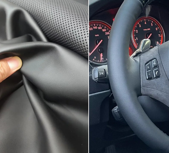 DIY Soft Leather Steering Wheel Cover for BMW E36, E46, E39: Hand gripping new cover, revealing original steering wheel under