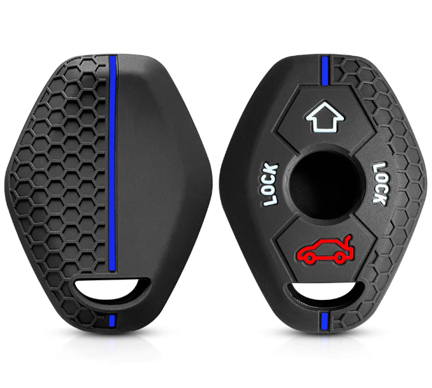 Black silicone key cover with hex grips for BMW E46 and other 3-Series models - Showcases top blue hex grips.