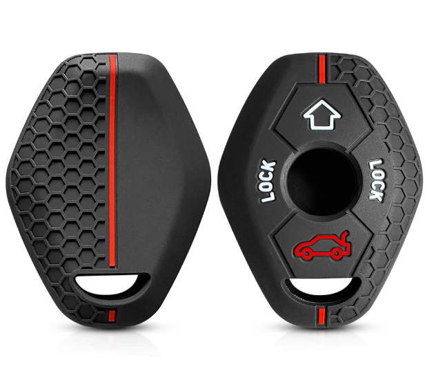 "Black silicone key cover with red hex grips for BMW E46 and other 3-Series models - Top view."
