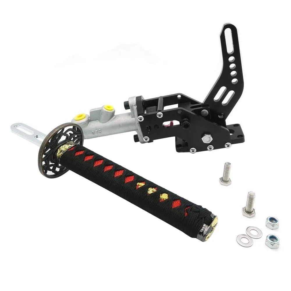 "Black and yellow hydraulic handbrake with bolt attachment for universal bicycle use."