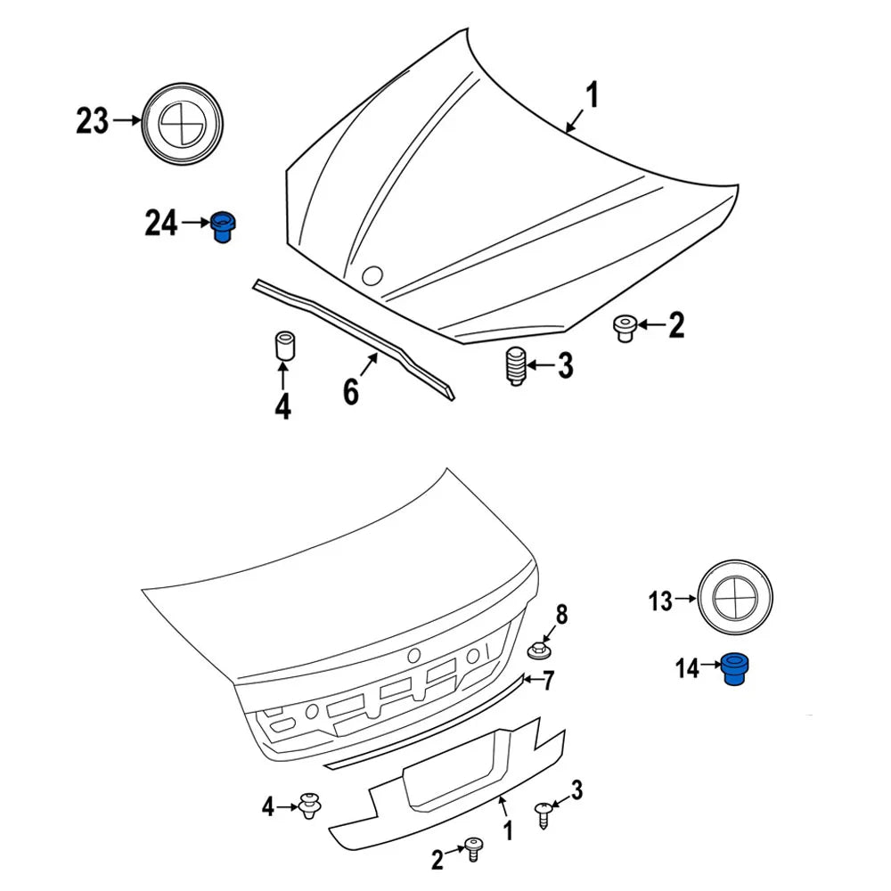 BMW emblem clips for 10pc, designed for attachment to BMW front bumper covers.