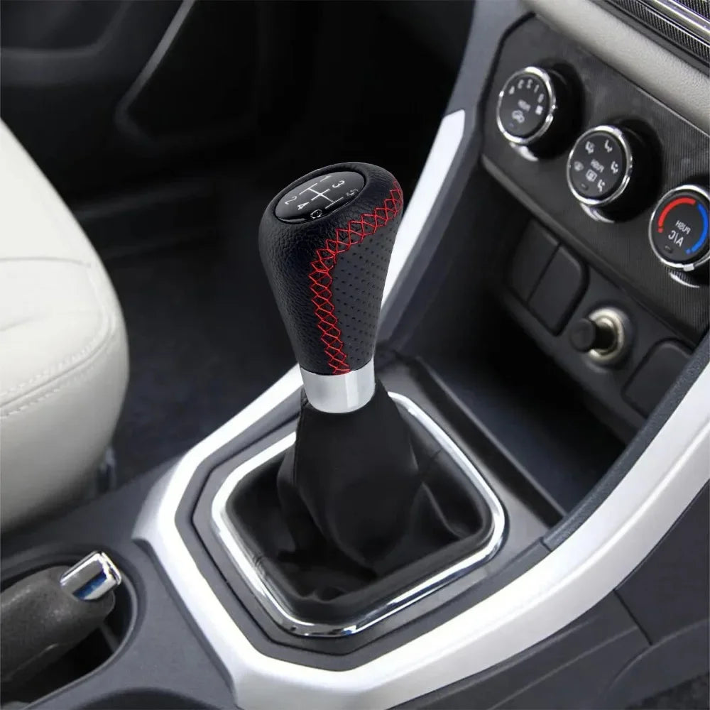Red-stitched leather gear knob for manual 5-speed cars. Universal fitment. Premium upgrade.