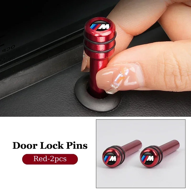 Red metal BMW door lock pin set (2/4pcs) for models E36, E46, and E90.