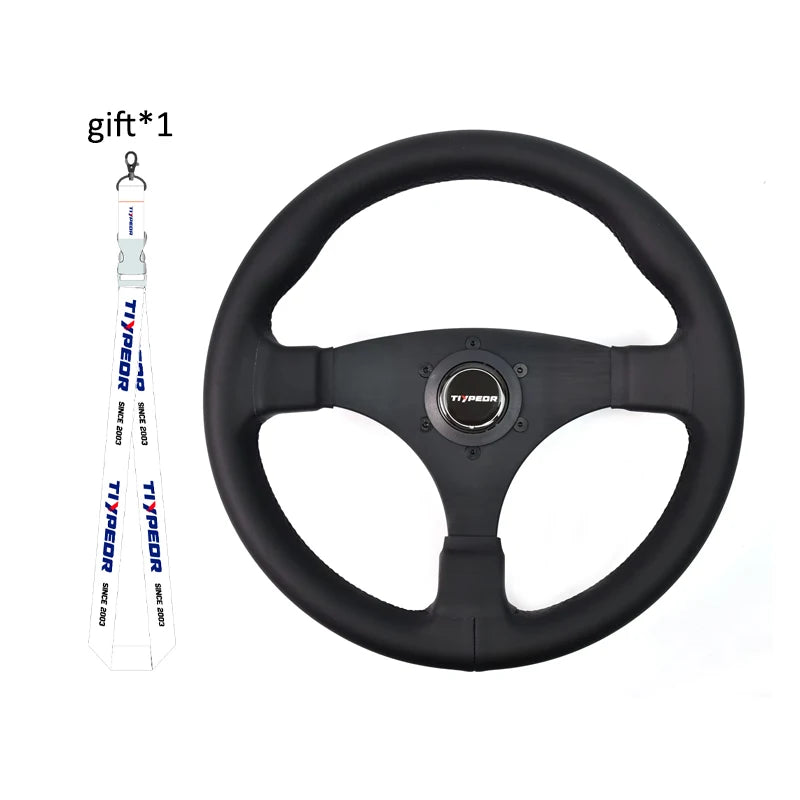 Black leather automotive steering wheel with matching spokes — superfine TIYPEOR quality. Fits well-appointed interiors. Meas