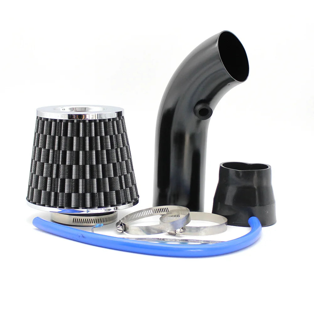 Black and blue 76mm alloy cold air intake pipe with mushroom filter.
