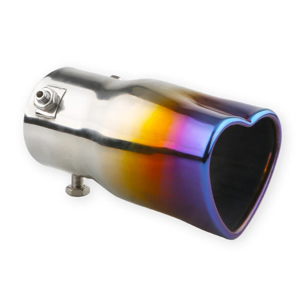 Close-up of polished stainless steel heart-shaped muffler tailpipe, universal fit for performance upgrade.