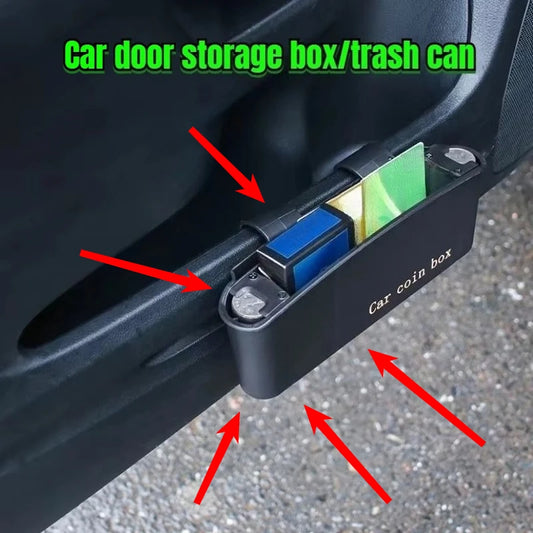 'Car storage box open on rear door latch — fits most models. Multi-use: trash bin or cargo organizer.'