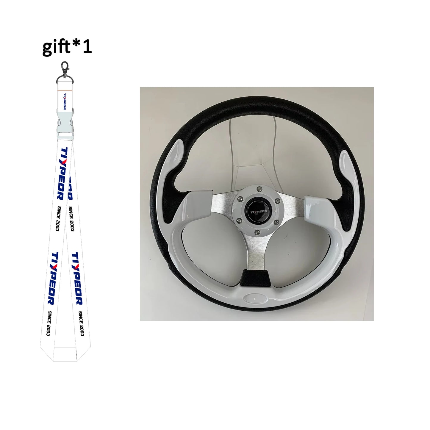 "13-inch universal fit racing style steering wheel with white and black spokes."