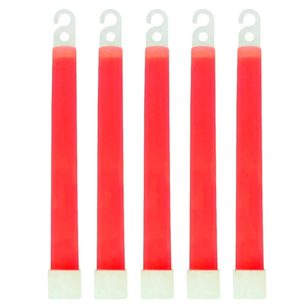 Four red emergency glow sticks from a military-grade survival kit. Ideal for camping, hiking, and car safety.