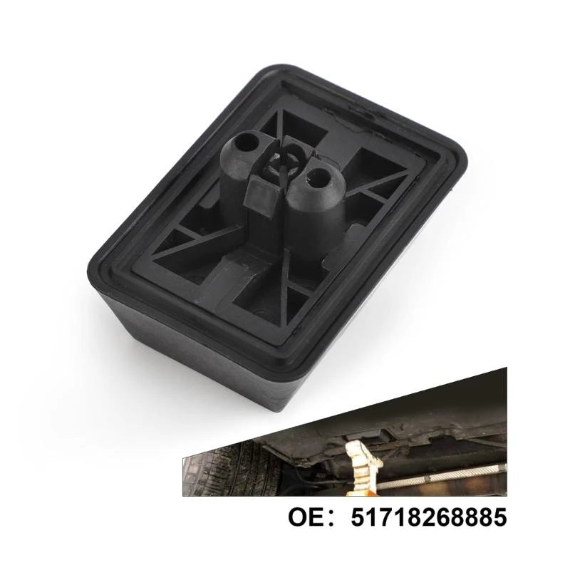 Black BMW E46 Jack Pad Cushion: Plastic cover with vented hole for safe car lifting.