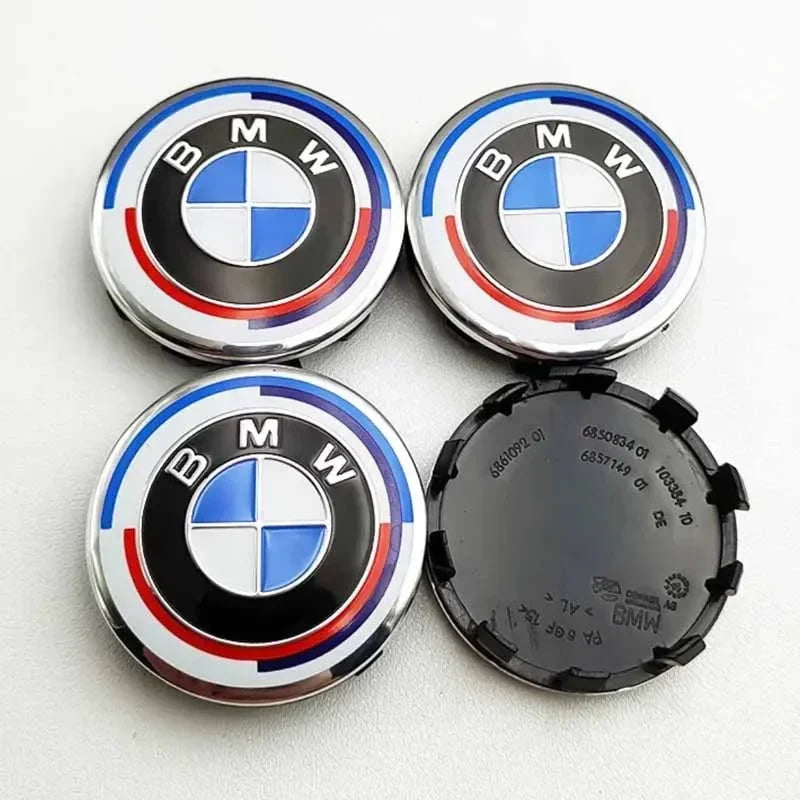Set of 4 BMW wheel center caps, diameter 56mm and 68mm.

Or for even more brevity:

BMW set of 4 wheel center caps (56mm, 68m