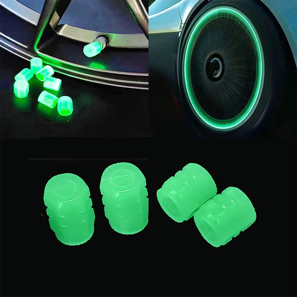 Universal Glow-in-Dark tire valve stem caps in green or blue. Enhance tire visibility at night.