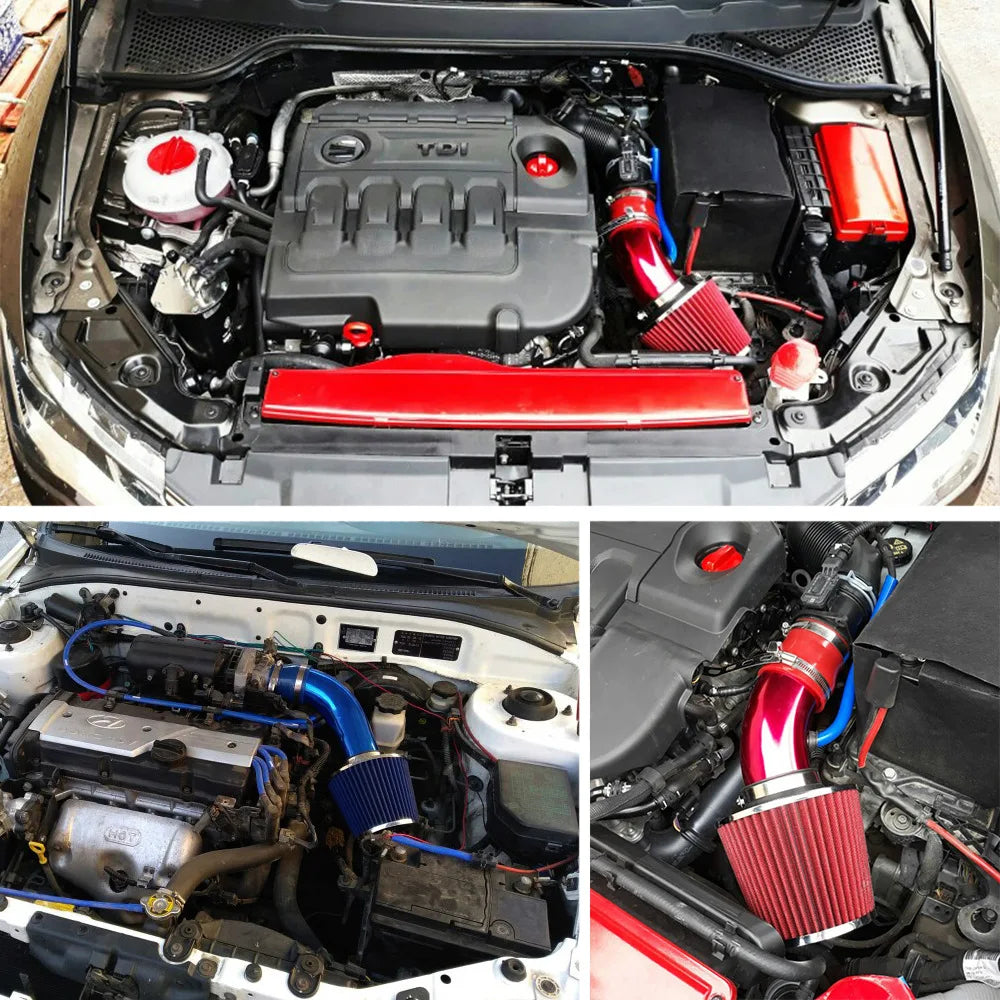 "76mm Winter Cold Air Intake Kit: Mushroom filter and alloy pipe installed on engine."