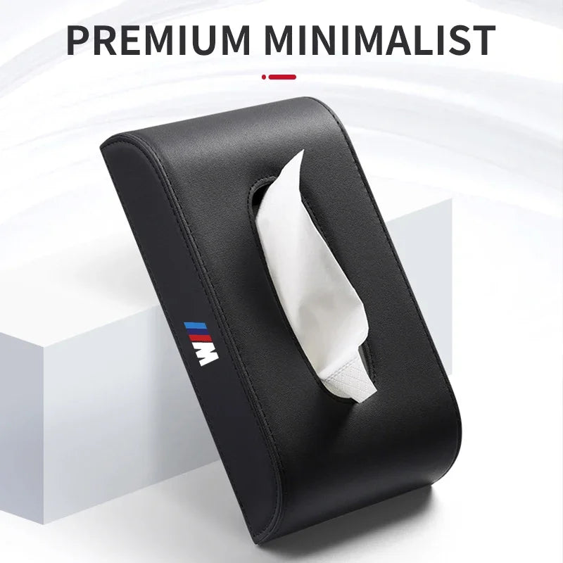 "BMW-specific car tissue box holder with premium leather cover."

Or if you'd like to include the material more explicitly:

