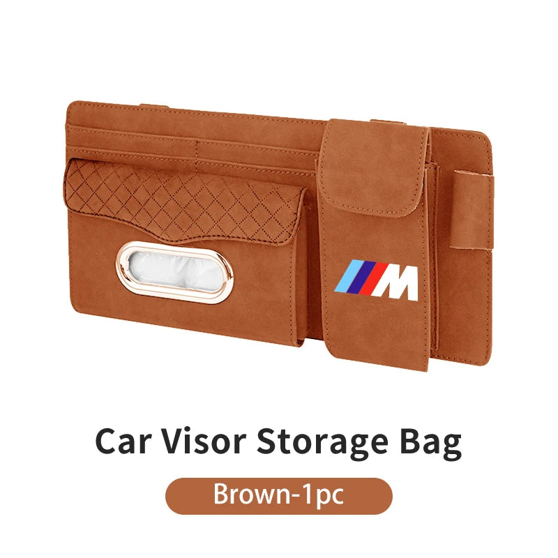 "BMW Sun Visor: Leather tissue and glasses holder for E36, E39, and E46 models."
