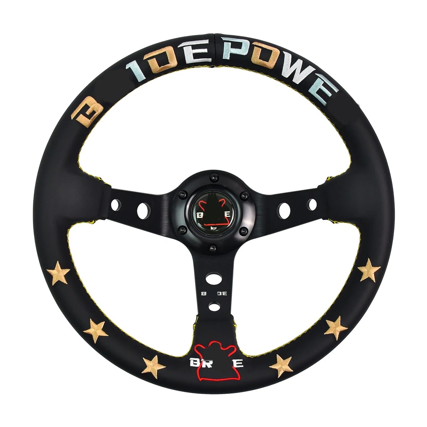 JDM microfiber leather deep-dish steering wheel with embroidered star logo, 330mm diameter. Product of Japan. Ideal for enthu