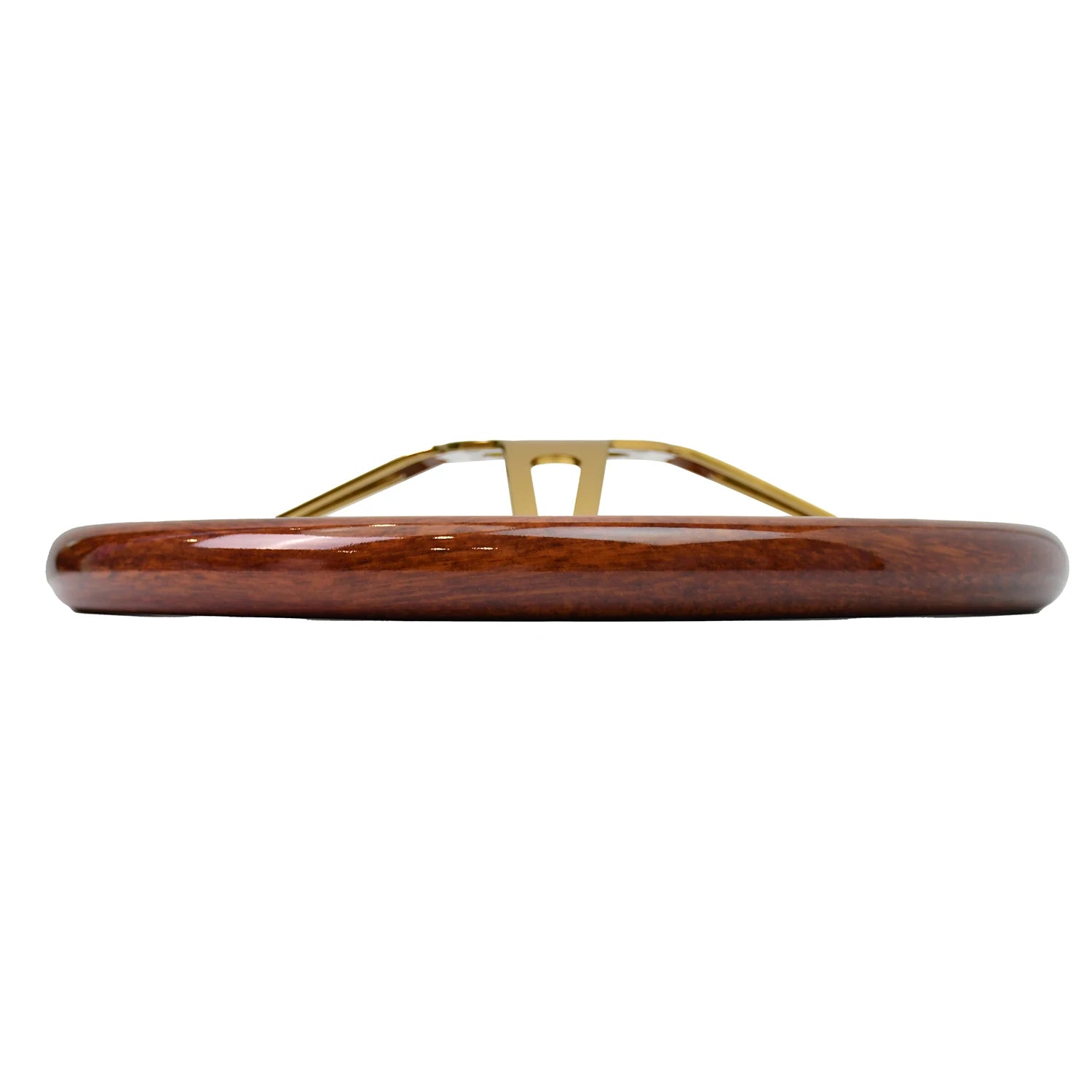 'Wooden box with brass handle; holds custom steel bracket for retro car steering.'