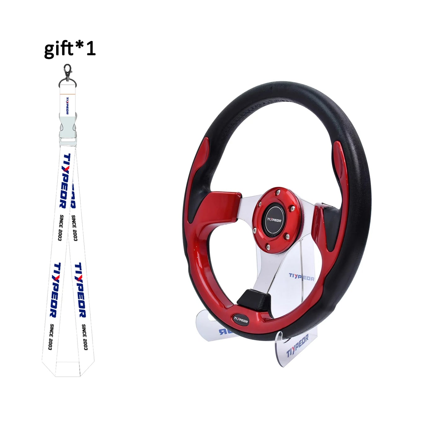 Red and black racing-style steering wheel with white center mark. Universal fit. (13 inches)