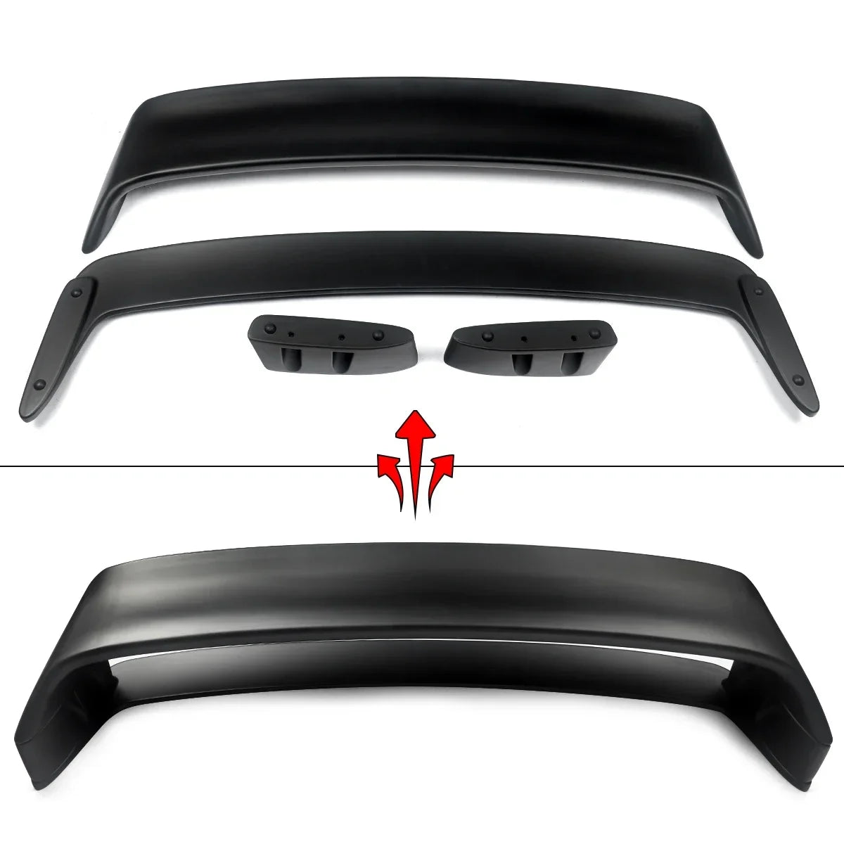 Black BMW E36 M3 sedan/coupe rear spoiler wing. Sleek design enhances vehicle's aerodynamics.