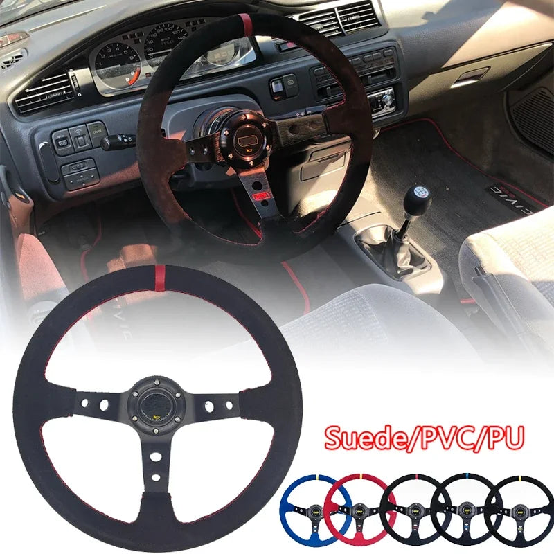 "Universal 14-inch deep racing steering wheel with suede/PVC/PU grip and aluminum frame. Compatible with Audi S-type vehicles