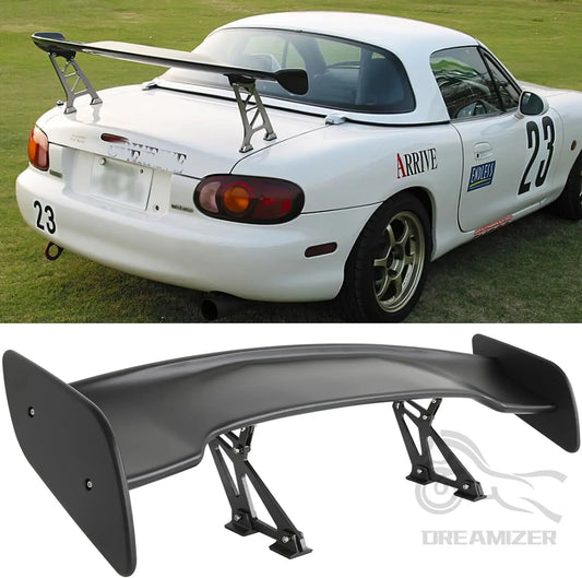 Matte black universal GT-style rear spoiler, 116cm wing for sedans. Not shown: car roof rack.