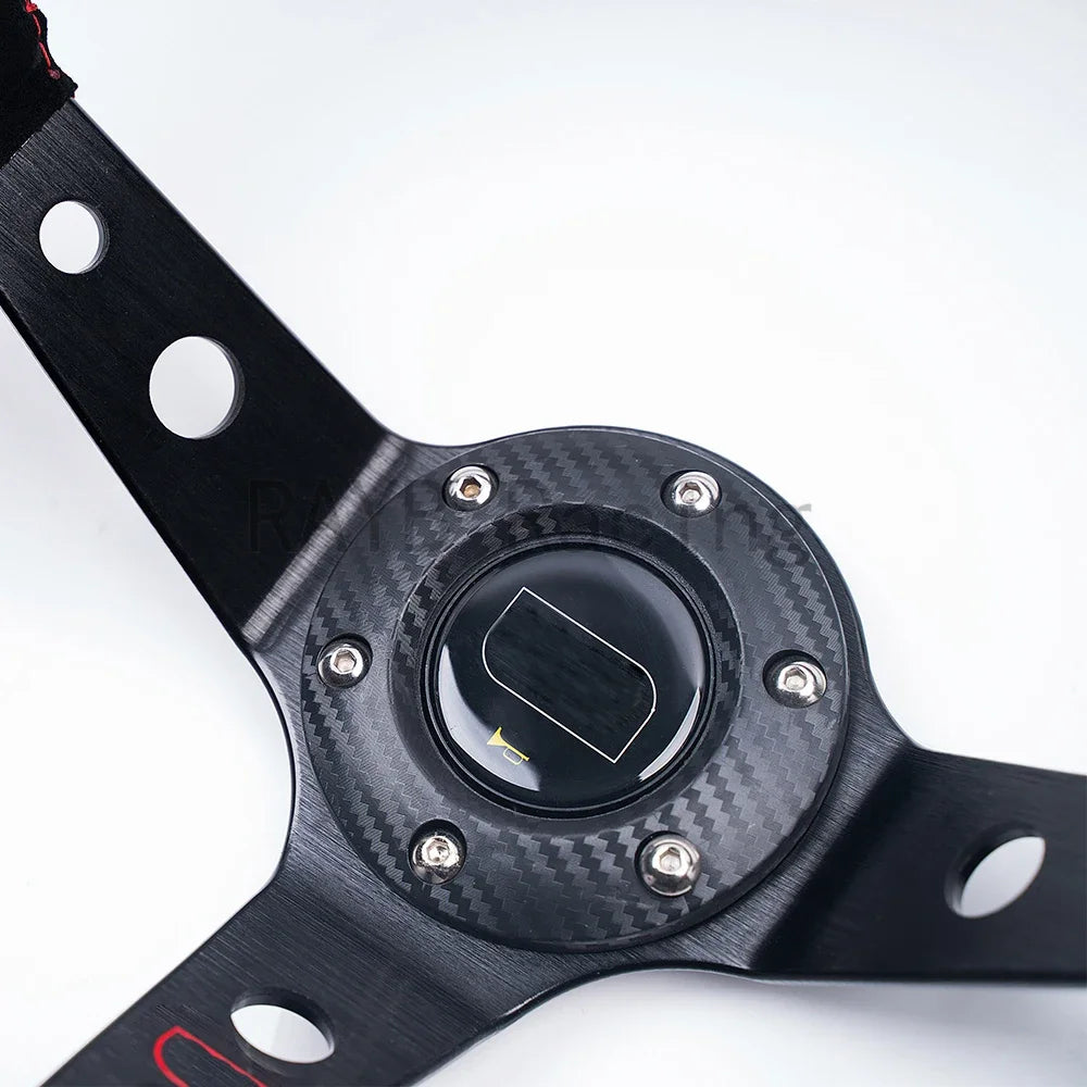 "Universal 14-inch deep racing steering wheel with suede/PVC/PU grip and aluminum frame in drift sport style."