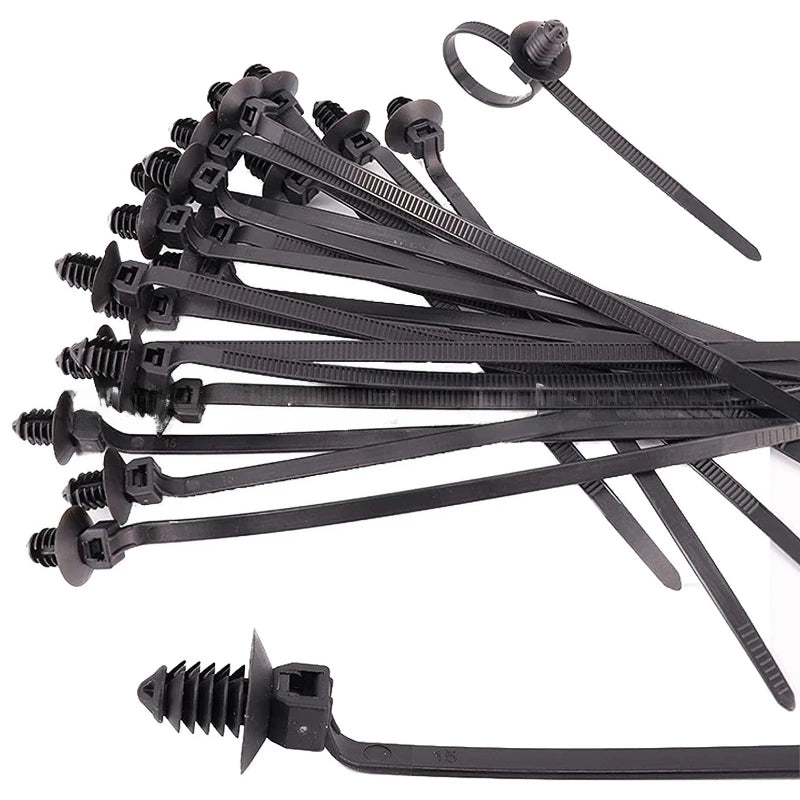 Black threaded harness with two sets of screw-in cable ties - ideal for push mount wiring. Material: Nylon. Color: Black. Qua