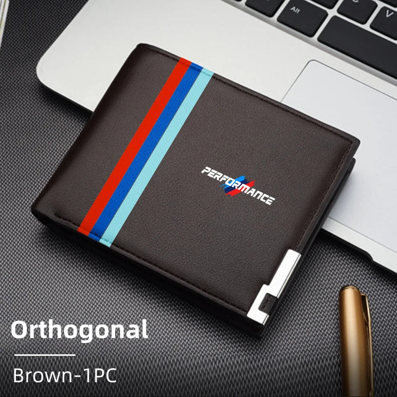 "Black leather BMW E36 E46 car wallet with accentuated blue-red stripe detailing."