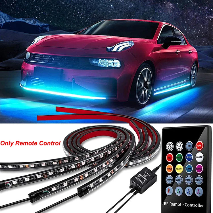 Two pieces of BMW E-Class compatible RGB LED underglow light strips in a kit, including app and remote control. (Dimensions: 
