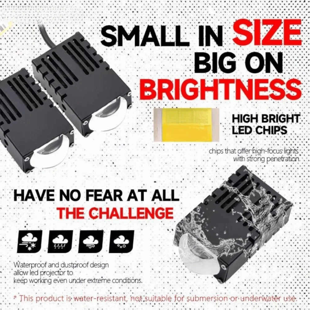 Mini car headlight kit - 2 pairs of 5500K/3000K projectors in compact size. Fits most 12V models. Upgrade your ride's look.