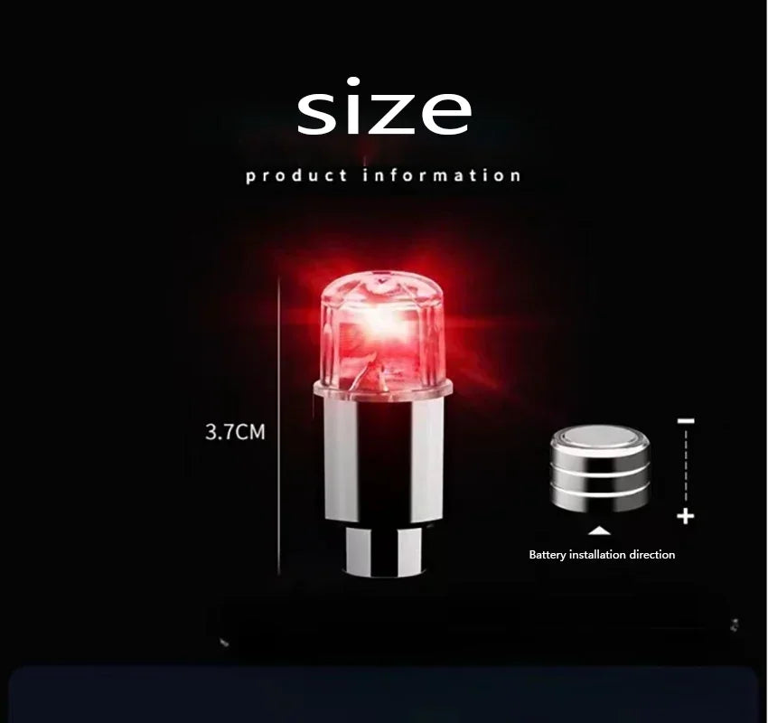Led wheel lights with size indicated. Fit cars, bikes, motorcycles. Dimensions: HxWxL in cm. Compatibility info optional.