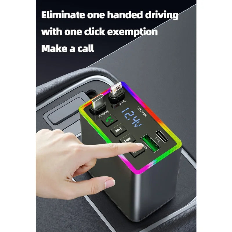 Person presses Bluetooth transmitter button on car dashboard. 4-in-1 audio device with fast charge. Professional installation