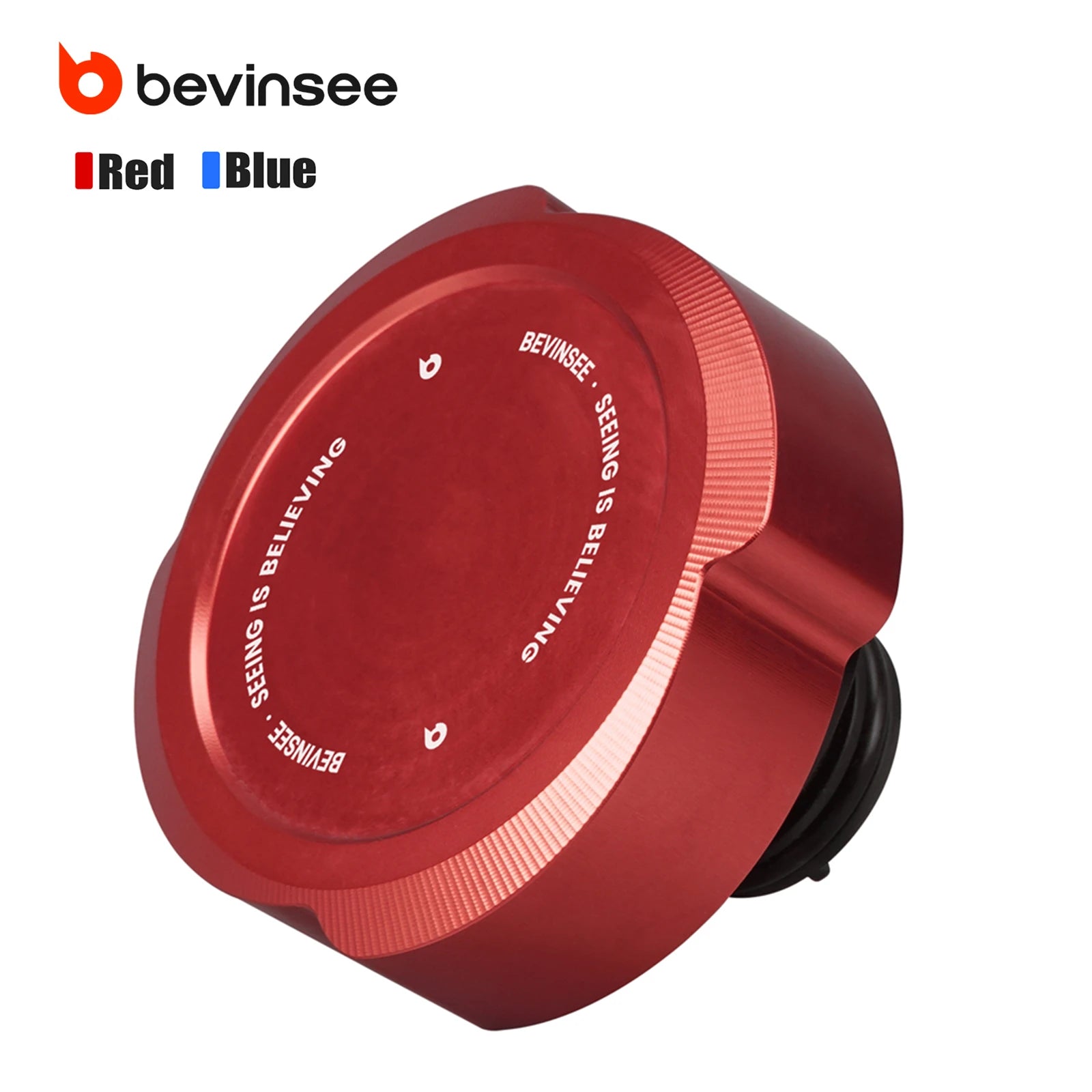 "Aluminum expansion tank cap for BMW E46 E36 models, features red and blue accents."