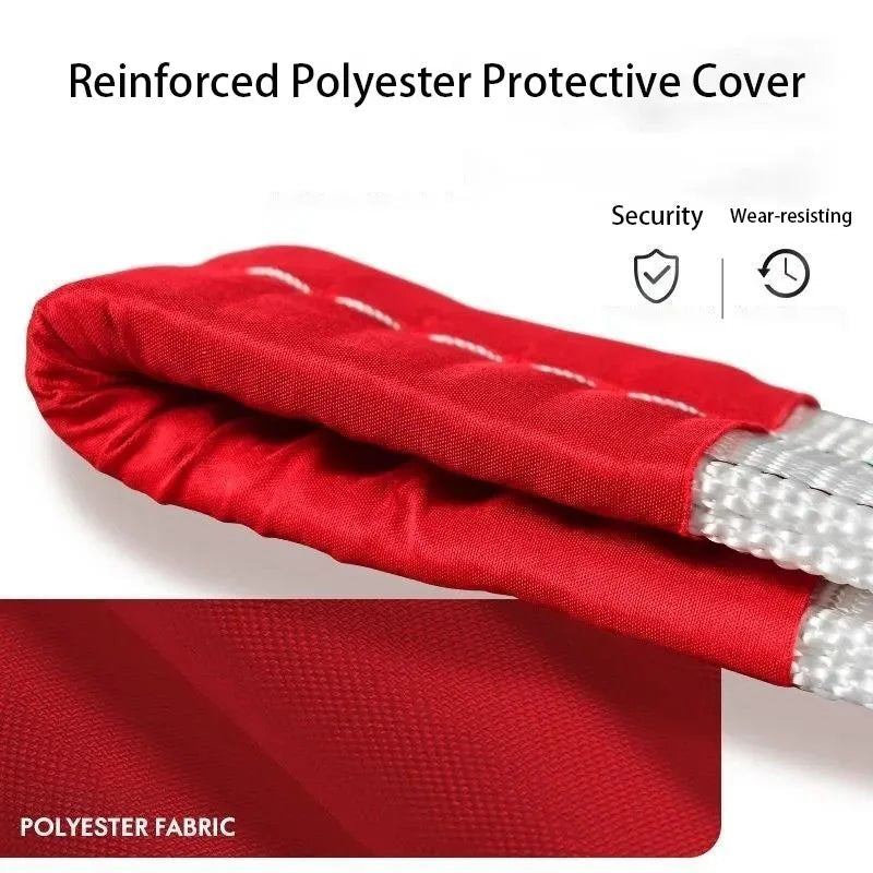 Red and white tow strap with heavy-duty hook. Ideal for emergency towing.