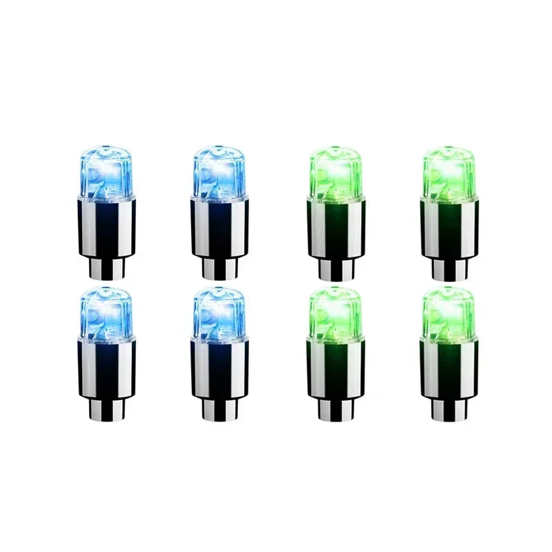 'LED wheel light set - 4x green. Fits valves on car, bike, or motorcycle.'