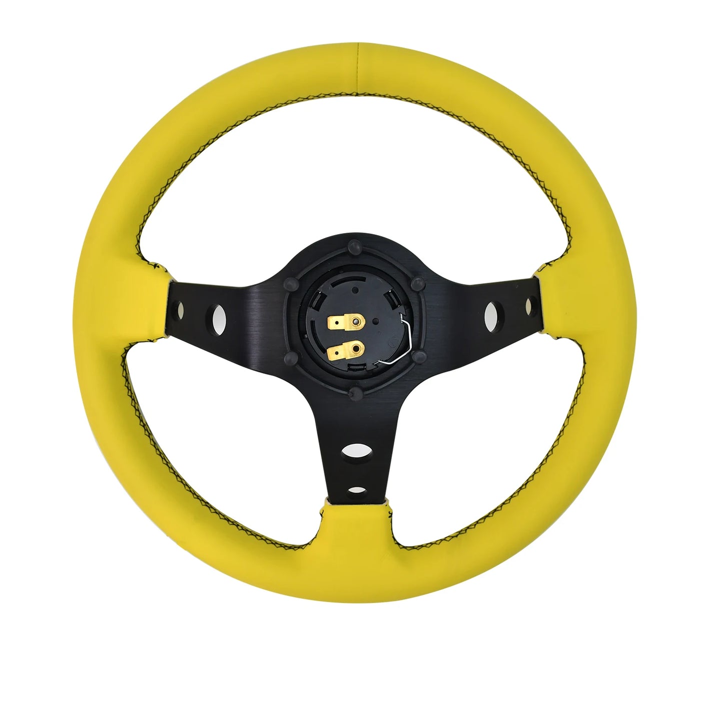 '13" JDM-style embroidered steering wheel in yellow with black spokes. TIYPEOR brand - fits MK4/MK5/E46/E90 models.'