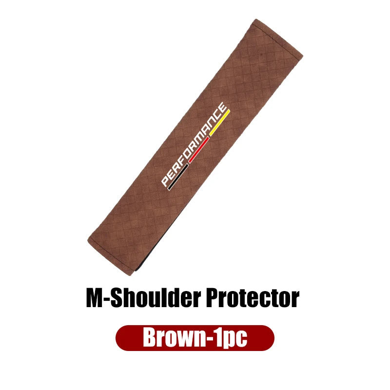Brown microfiber shoulder pad cover for BMW E36, E39, and E46 seat belts.