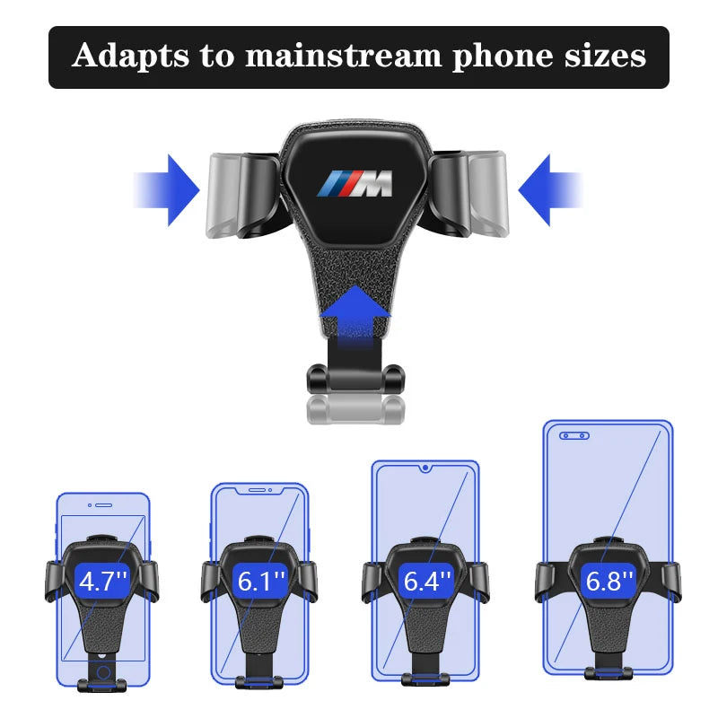 Adjustable BMW phone mount for models E46, E36, E90, F30, F10. Securely holds device during driving.