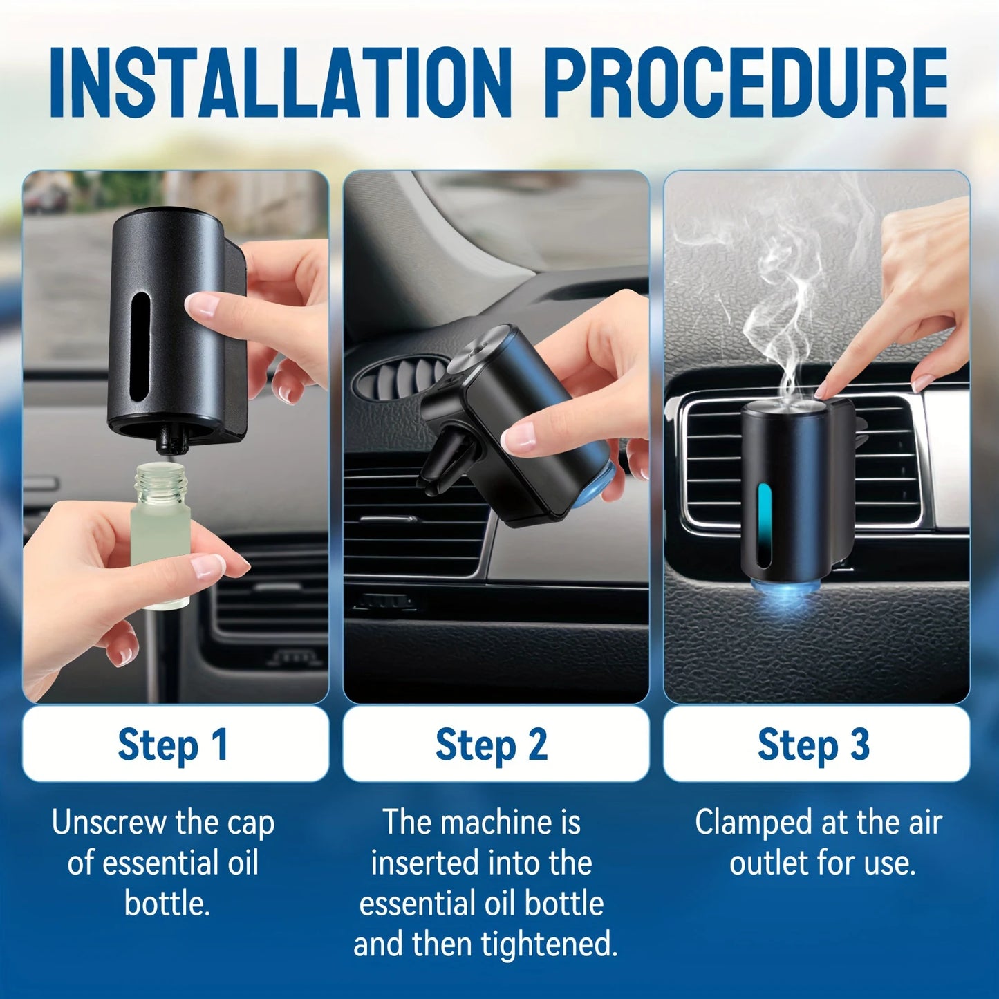 'Electric auto aroma diffuser for car vents. Fits standard air outlets. Essential oil compatible.'