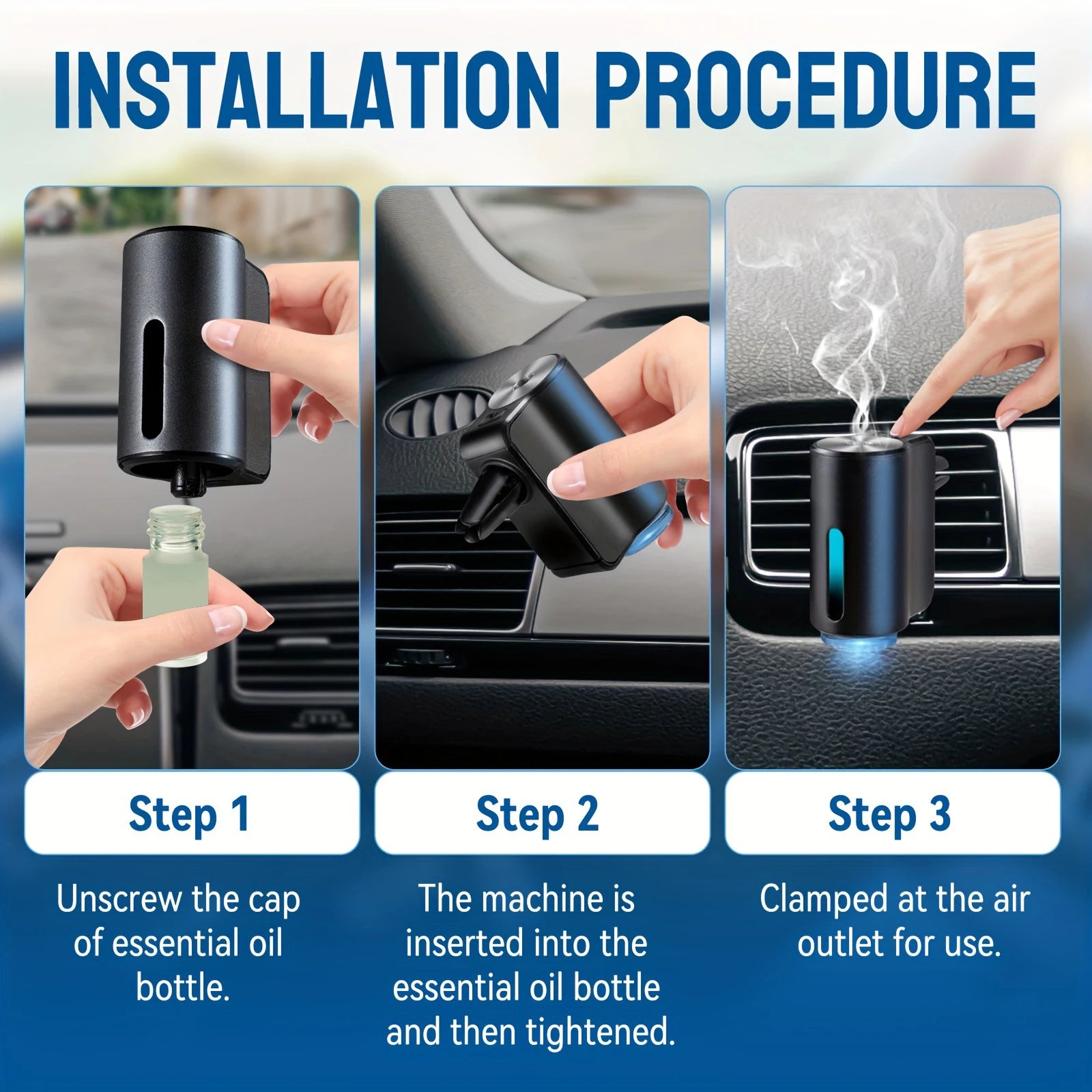 'Electric auto aroma diffuser for car vents. Fits standard air outlets. Essential oil compatible.'