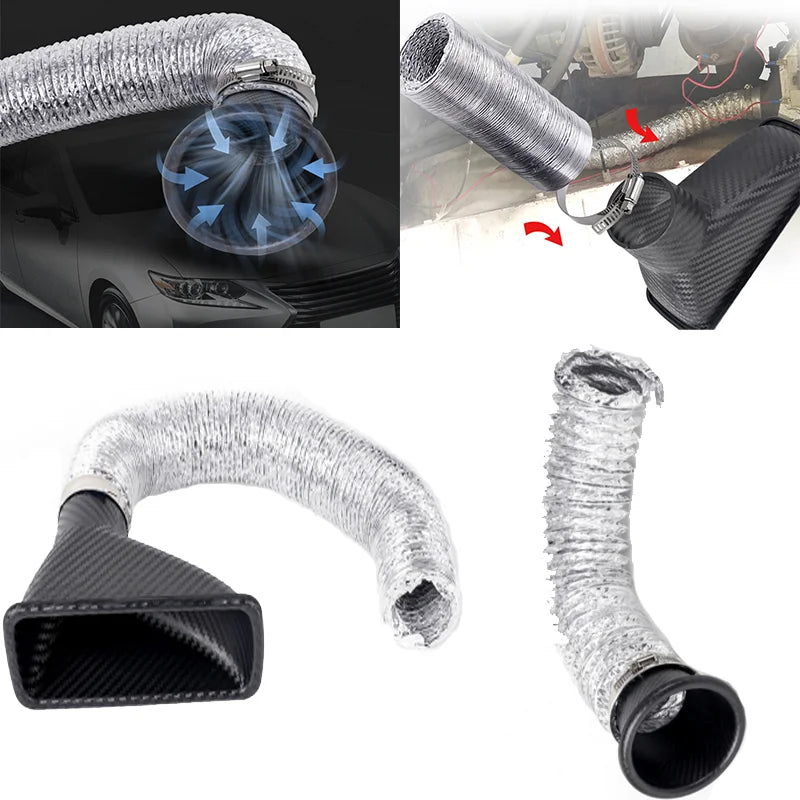 'Carbon fiber air intake kit for high-flow turbo inlets - fits select makes. Improves engine breathing on select models.'